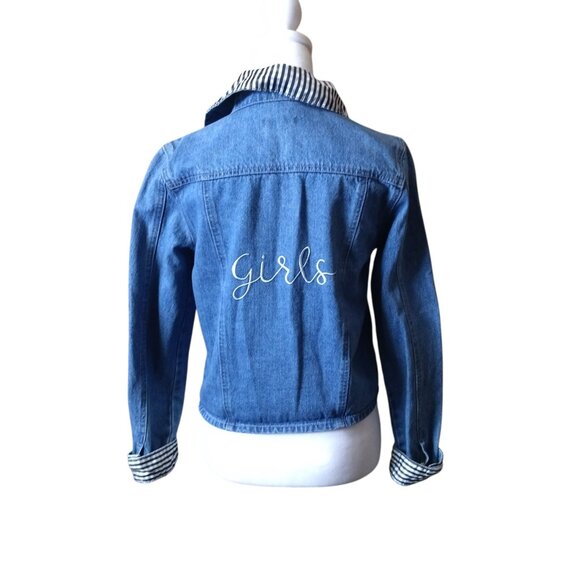 Samantha Sipos Women’s XS  Embroidered Girls Blue Gingham Distressed Jean Jacket - Picture 5 of 7